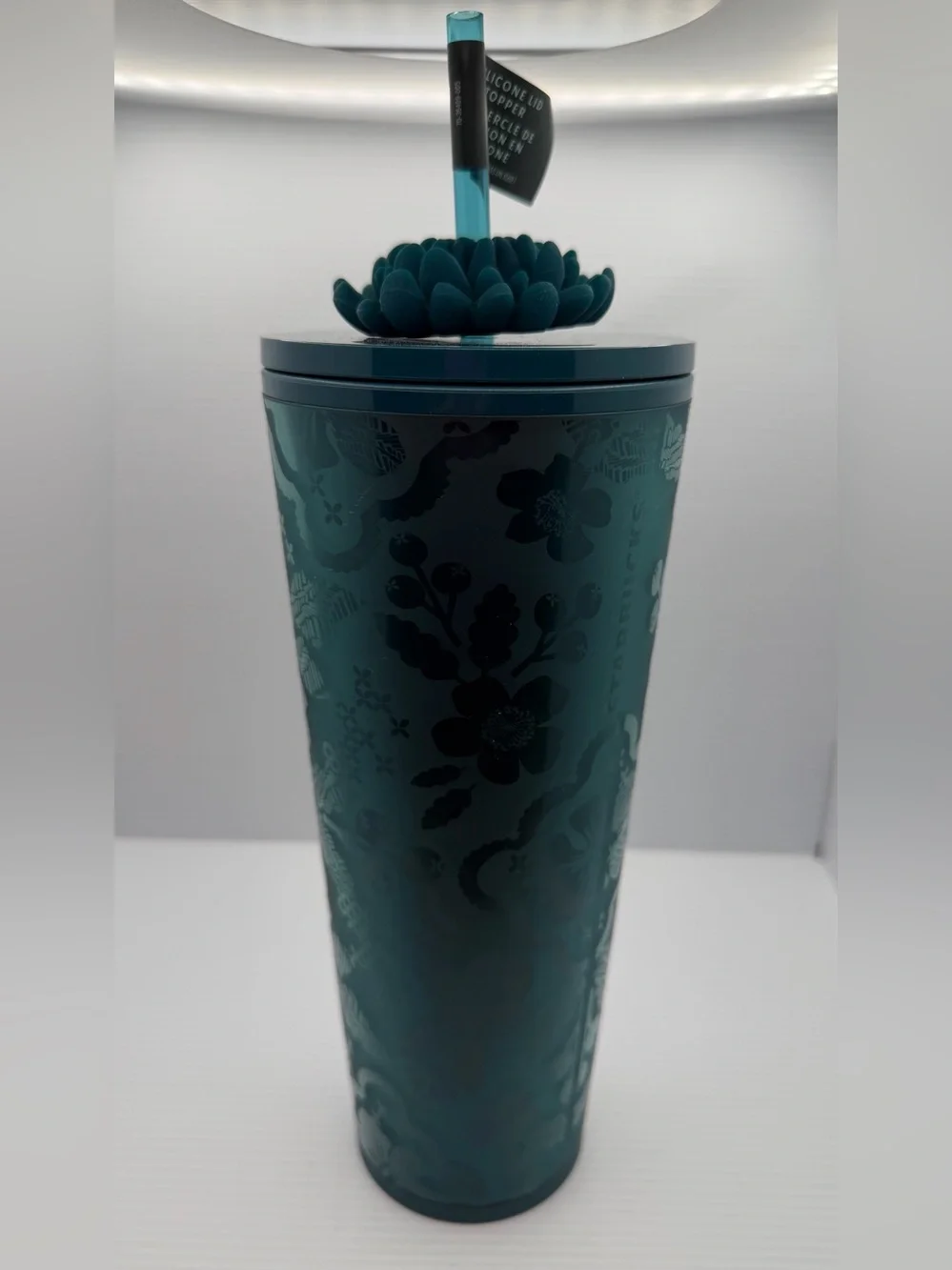 Starbucks Teal Floral Cold Cup Tumbler with Blooming Flower-Topped Straw